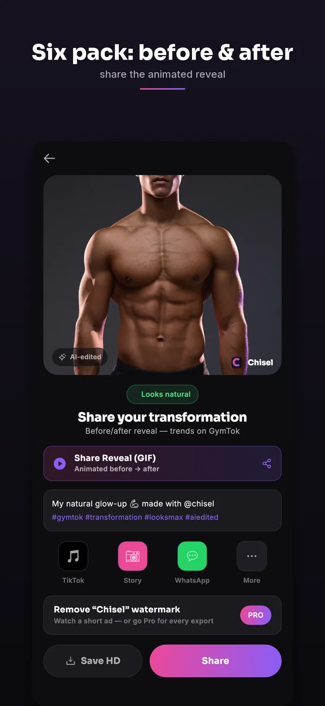 Before and after six-pack abs edit on a gym photo in Chisel